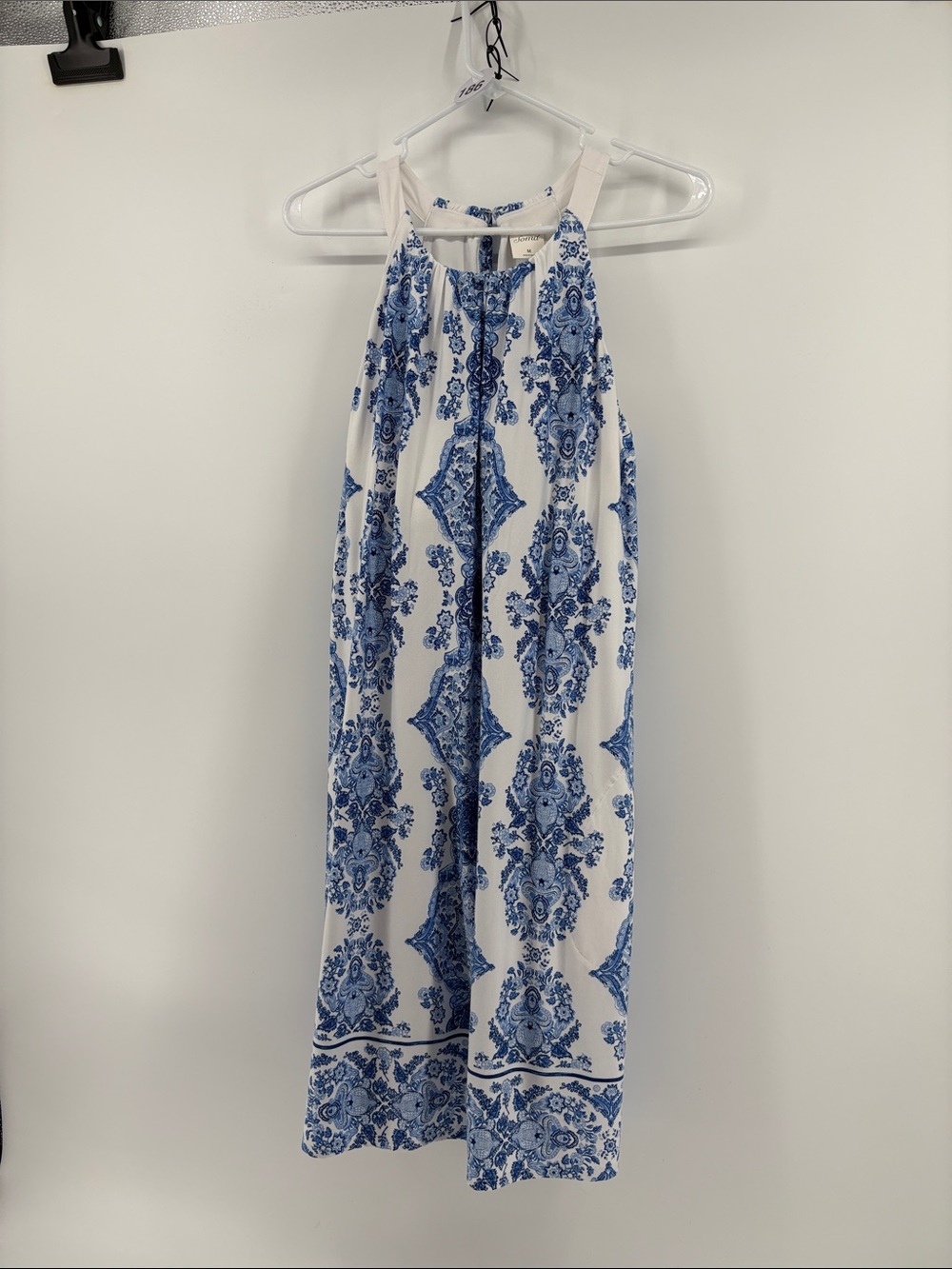 Soma White Halter Jumpsuit with Blue Tile Print